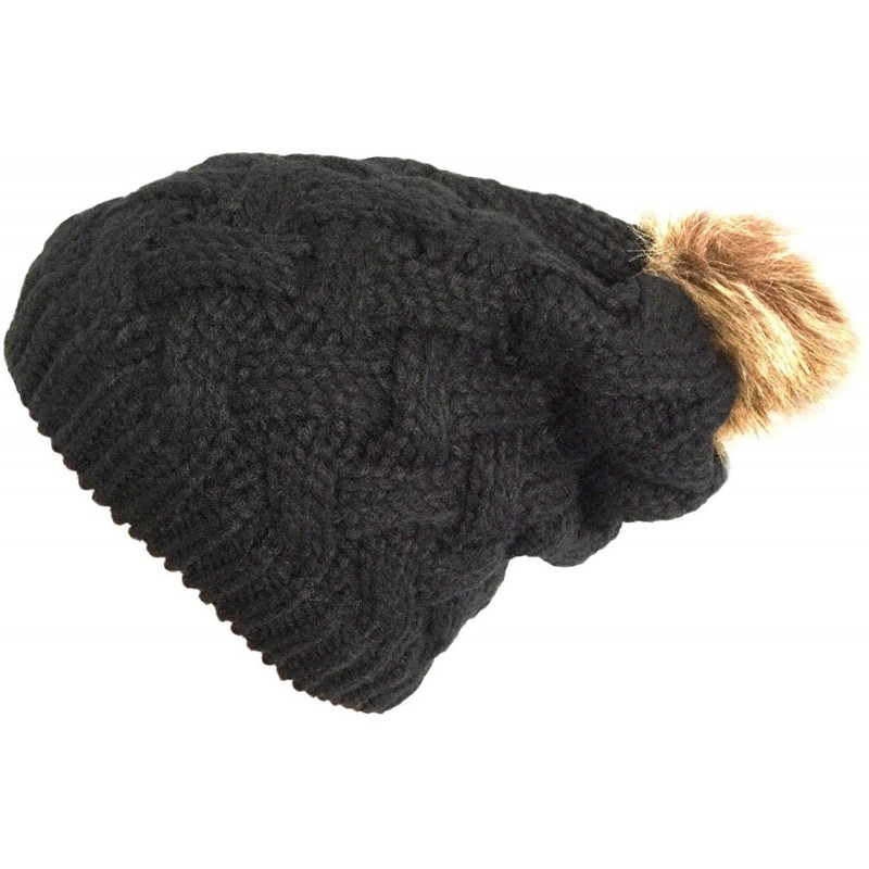 Skullies & Beanies Women Chunky Cable Knit Oversized Slouchy Baggy Winter Thick Beanie Hat Pom Pom - Black - CL1884YTEYX $22.01