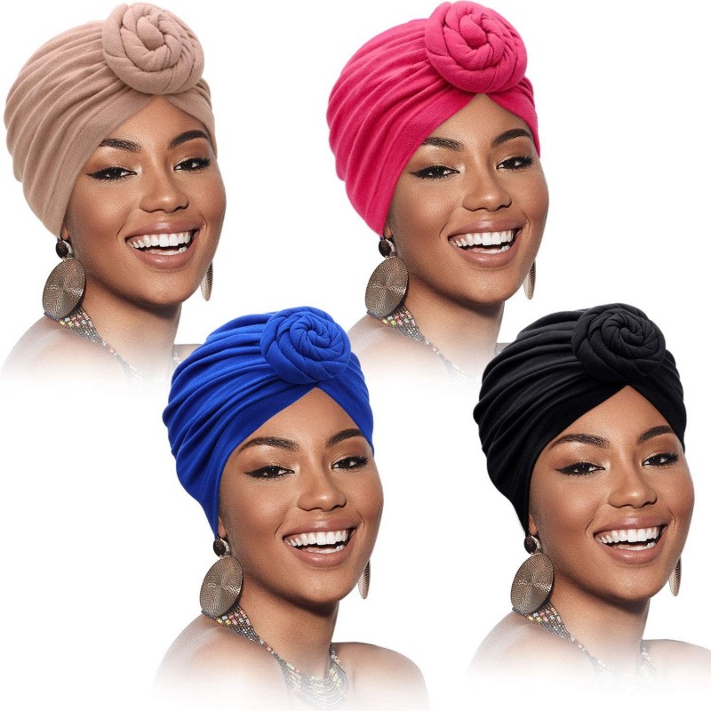 Skullies & Beanies 4 Pieces African Pattern Headwrap Pre-Tied Bonnet Turban Knot Beanie Cap Headwrap Hat - Pure Black Blue Pi...
