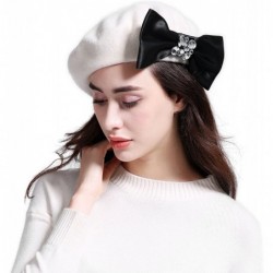 Berets Women's Franch Inspired Wool Felt Beret Hat Bow/Rivet/Floral Appliqued - Bow-white - CB187QE2XUD $25.20