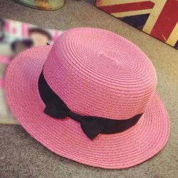 Sun Hats Unisex Trilby Gangster Cap Beach Sun Straw Hat Bow Tie Band Sun hat Beach Fishing Hat - Hot Pink - CE18UD6EU89 $25.64