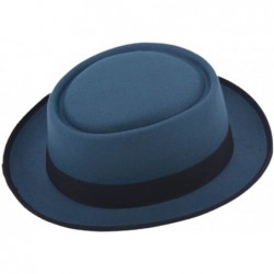 Fedoras Unisex Felt Pork Pie Cap Porkpie Hat Upturn Short Brim Black Ribbon Band - Sea Blue - CV182ITRZ82 $23.40