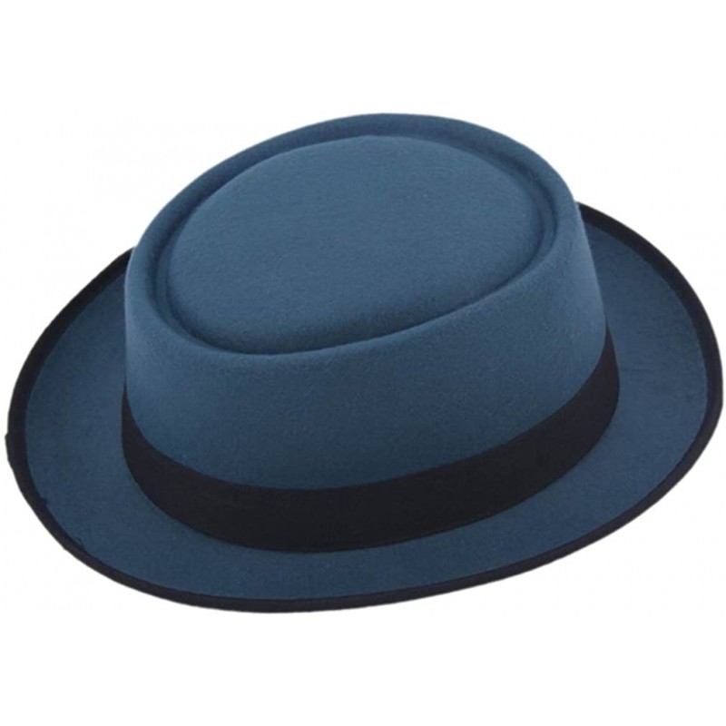 Fedoras Unisex Felt Pork Pie Cap Porkpie Hat Upturn Short Brim Black Ribbon Band - Sea Blue - CV182ITRZ82 $19.98