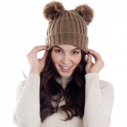 Skullies & Beanies Women's Winter Knitted Faux Fur Double Pom Pom Beanie Hat w/Lush Lining - Khaki Hat Coffee Ball - CK18KWWA...