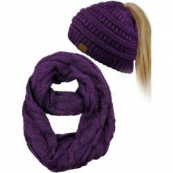 Skullies & Beanies BeanieTail Messy High Bun Cable Knit Beanie and Infinity Loop Scarf Set - Purple Metallic - CF18KI2644U $2...