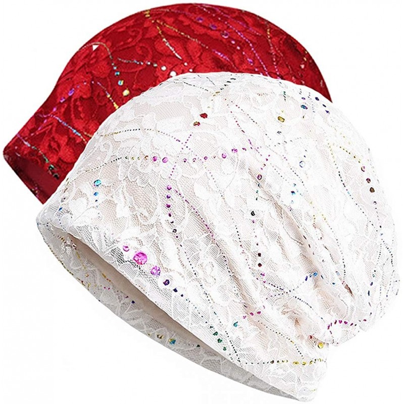 Skullies & Beanies Womens Cotton Beanie Lace Turban Soft Sleep Cap Chemo Hats Fashion Slouchy Hat - 2pack White+burgundy - CV...