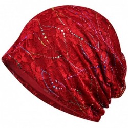 Skullies & Beanies Womens Cotton Beanie Lace Turban Soft Sleep Cap Chemo Hats Fashion Slouchy Hat - 2pack White+burgundy - CV...