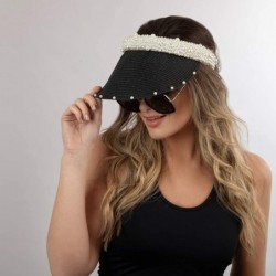 Sun Hats Womens Wide Brim Straw Visor with Pearl Headband for Beach Outdoor Sun Hats - Black - C018X6RT822 $52.07