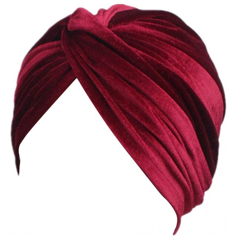 Skullies & Beanies Women's Stretch Velvet Twist Pleasted Hair Wrap Turban Hat Cancer Chemo Beanie Cap Headwear - Wine - CV18L...