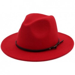 Fedoras Women's Classic Wide Brim Fedora Hat with Belt Buckle Felt Panama Hat - Red - CH18KC48M0E $30.79