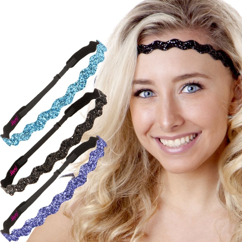 Headbands Adjustable NON SLIP Wave Bling Glitter Headbands for Girls Multi Pack (Teal/Black/Purple) - CT11TOP022P $19.54