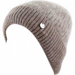 Skullies & Beanies Women's Rabbit Fur Cuff Knit Beanie Fleece Lined Skully Winter Hat - Khaki - CC12N8XVXW6 $37.30