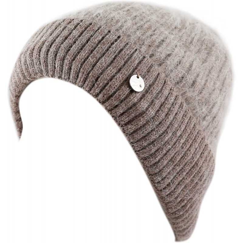 Skullies & Beanies Women's Rabbit Fur Cuff Knit Beanie Fleece Lined Skully Winter Hat - Khaki - CC12N8XVXW6 $22.38