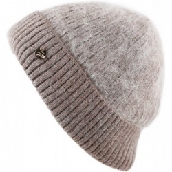 Skullies & Beanies Women's Rabbit Fur Cuff Knit Beanie Fleece Lined Skully Winter Hat - Khaki - CC12N8XVXW6 $22.38