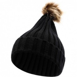 Skullies & Beanies Women Knit Beanie Chunky Baggy Hat with Faux Fur Pompom Winter Soft Warm Ski Cap Black - C418ZKR73HO $30.25
