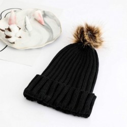 Skullies & Beanies Women Knit Beanie Chunky Baggy Hat with Faux Fur Pompom Winter Soft Warm Ski Cap Black - C418ZKR73HO $24.12