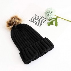 Skullies & Beanies Women Knit Beanie Chunky Baggy Hat with Faux Fur Pompom Winter Soft Warm Ski Cap Black - C418ZKR73HO $24.12