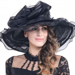 Sun Hats Women Kentucky Derby Church Dress Organza Hat Wide Brim Flat Hat S601 - Soild Black - CG18QSS0YNU $44.90