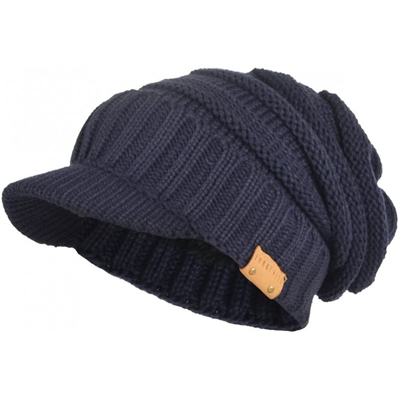 Skullies & Beanies Mens Womens Thick Fleece Lined Knit Newsboy Cap Slouch Beanie Hat with Visor - Thick-navy - C418798Y07W $2...