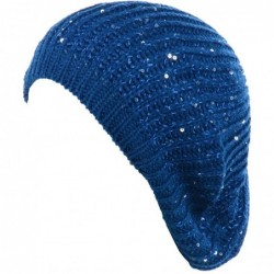 Berets Women's Fall French Style Cable Knit Beret Hat W/Sequin/Wooden Button - Blue - C718EGE4CRE $28.01