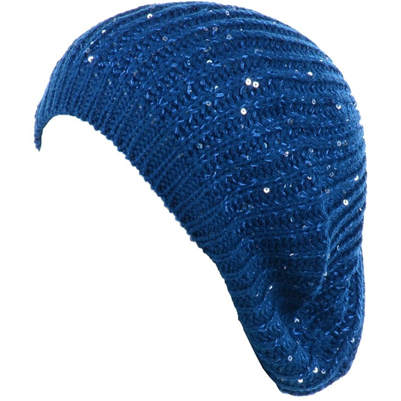 Berets Women's Fall French Style Cable Knit Beret Hat W/Sequin/Wooden Button - Blue - C718EGE4CRE $20.74