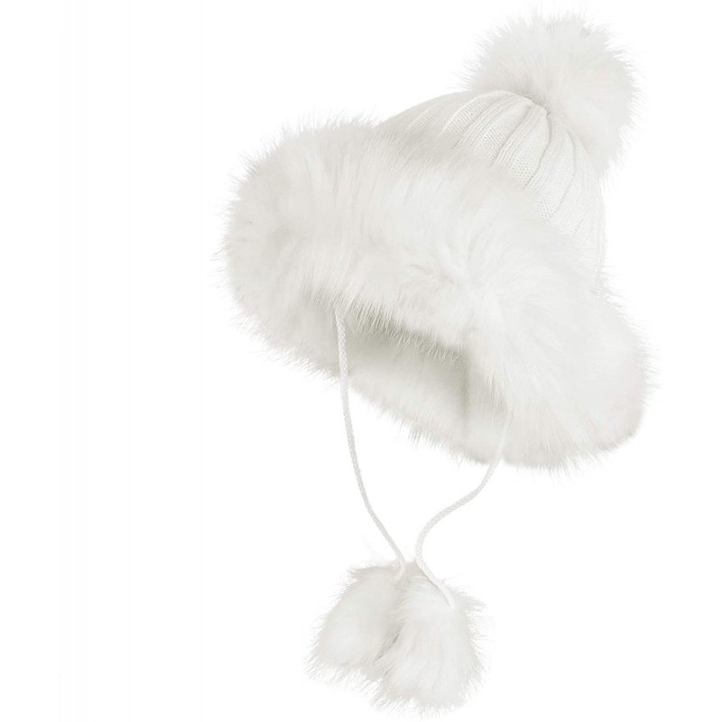 Bomber Hats Women Winter Hat Knitted Faux Fur Beanie Bonnet Furry Ear Bomber Trapper Hat - White - CG18L89K4T0 $21.01