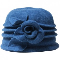 Berets Women 100% Wool Solid Color Round Top Cloche Beret Cap Flower Fedora Hat - 4 Blue - CG186WXZOHO $36.42