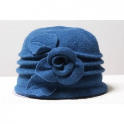 Berets Women 100% Wool Solid Color Round Top Cloche Beret Cap Flower Fedora Hat - 4 Blue - CG186WXZOHO $33.94