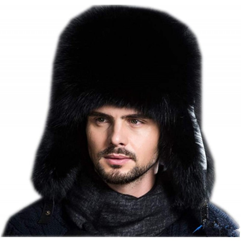 Bomber Hats Mens Winter Hat Real Fox Fur Genuine Leather Russian Ushanka Hats - Black - C018I3ZAKMM $102.07