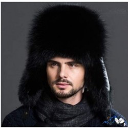 Bomber Hats Mens Winter Hat Real Fox Fur Genuine Leather Russian Ushanka Hats - Black - C018I3ZAKMM $102.07