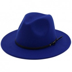 Fedoras Womens Classic Wide Brim Floppy Panama Hat Belt Buckle Wool Fedora Hat - Blue - CI18SG72TMT $20.94