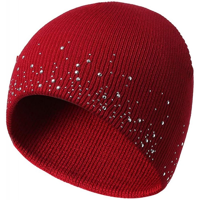 Skullies & Beanies Womens Winter Warm Hat Crochet Wool Knit Ski Beanie Skull Slouchy Bling Caps - Wine Red - CN18KZHL0R9 $12.33
