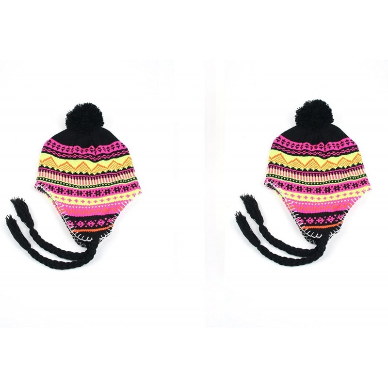 Bomber Hats Women's Knit Peruvian Trapper Knit Winter Ear Flap Hat P211 - 2 Pcs Black/Yellow & Black/Yellow - CD11ZWQUPD1 $33.04