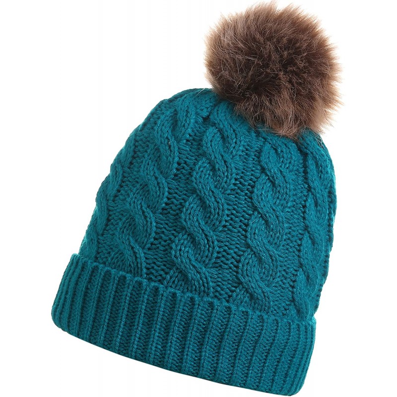 Skullies & Beanies Women's Winter Ribbed Knit Faux Fur Pompoms Chunky Lined Beanie Hats - Dark Green - CY18XZ6GT57 $14.34