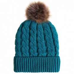 Skullies & Beanies Women's Winter Ribbed Knit Faux Fur Pompoms Chunky Lined Beanie Hats - Dark Green - CY18XZ6GT57 $14.34