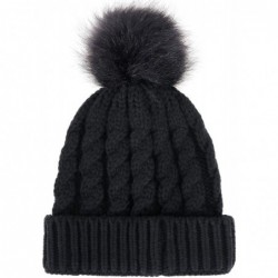 Skullies & Beanies Winter Hand Knit Beanie Hat with Faux Fur Pompom - Black W/ Black Pom Pom - CG12MZE9KZY $29.78