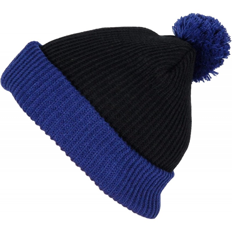 Skullies & Beanies Premium Cuffed Thick Mens/Womens Warm Two Tone pom pom Winter Hats - Blackroyal - CR110DG8JBP $11.45