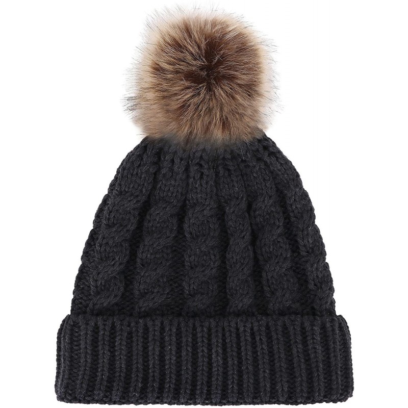Skullies & Beanies Winter Hand Knit Beanie Hat with Faux Fur Pompom - Heather Grey - CF12MA1R3K0 $19.49