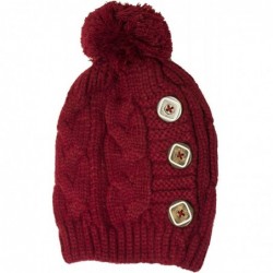 Skullies & Beanies Women Winter Faux Fur Pom Beanie Hat w/Warm Fleece Lined Thick Skull Ski Cap - Button Style - Red - CL18LU...