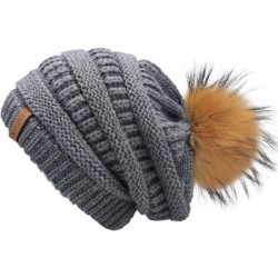 Skullies & Beanies Winter Hats Beanie for Women Lined Slouchy Knit Skiing Cap Real Fur Pom Pom Hat for Girls - CG18LWX66SE $2...
