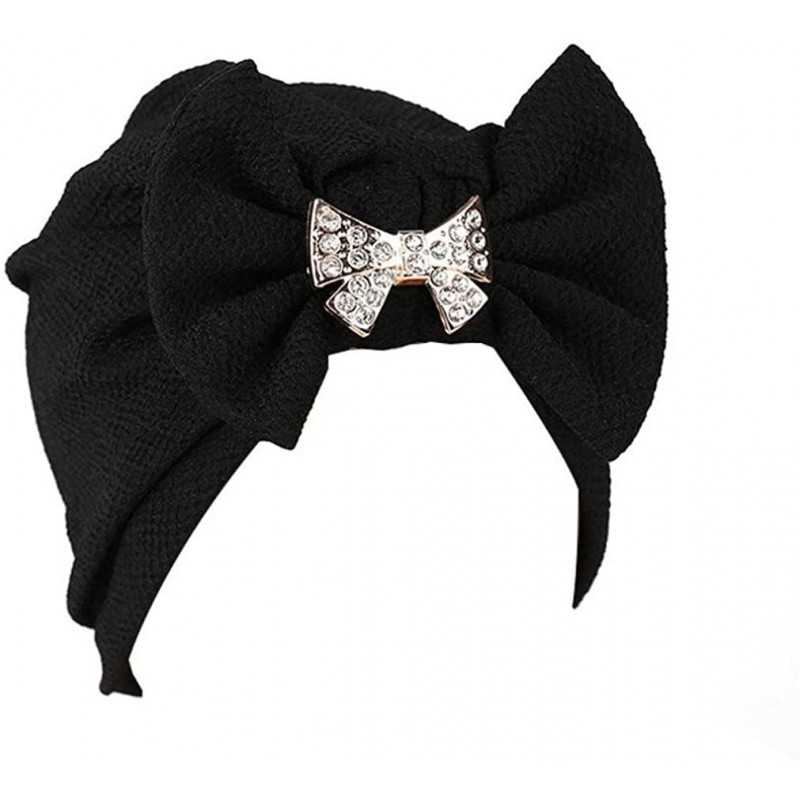 Skullies & Beanies Women Solid Bow Pre Tied Cancer Chemo Hat Beanie Turban Stretch Head Wrap Cap - Black - CX185ZZMXUO $20.91