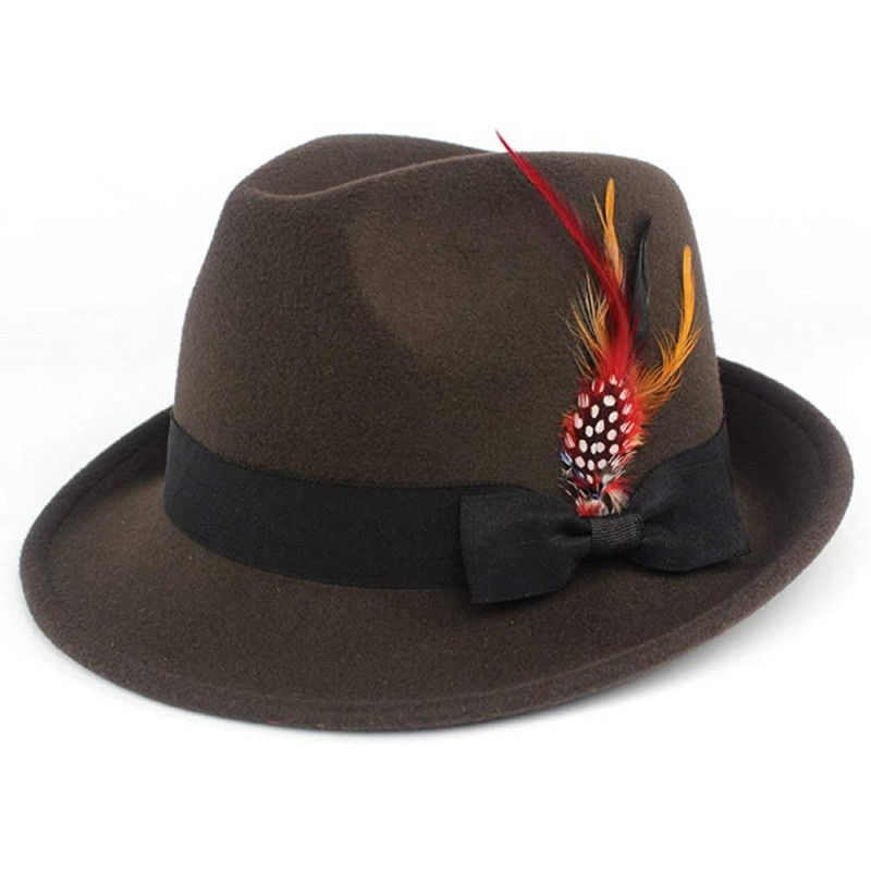 Fedoras Wool-Like Fedora hat Felt Hat Vintage Hats with Feather Wide Brim Gentleman Jazz Cap for Men Women - Coffee - CI18LAQ...