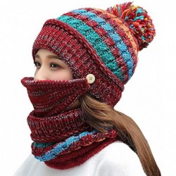 Skullies & Beanies Fleece Lined Pom Pom Beanie Scarf Mask Set Thick Knit Ski Hat for Girls Women - Wine Red - CB18Z639Z08 $31.25