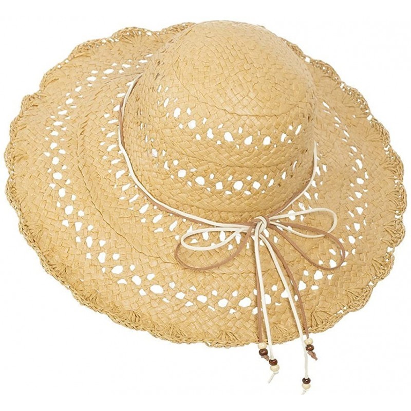 Sun Hats Women Summer Packable Travel Beach Straw Hat - Hollow Woven Floppy Wide Brim Sun Cap - Tan - CS18H497YHZ $28.11