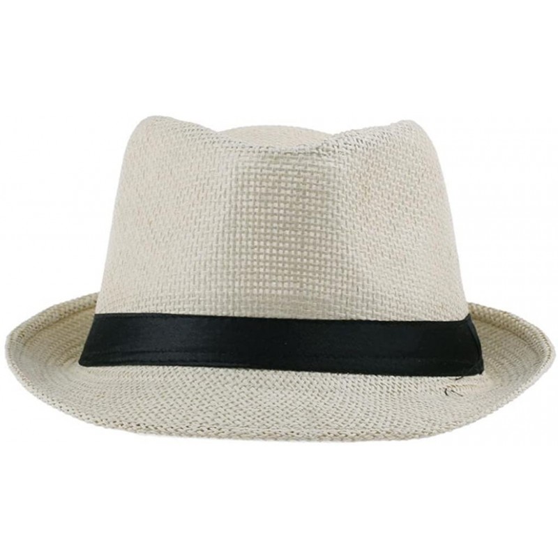Sun Hats Unisex Men Women Straw Fedora Trilby Hat Summer Beach Sun Jazz Cap - Beige - CF11L1D5HBJ $13.21