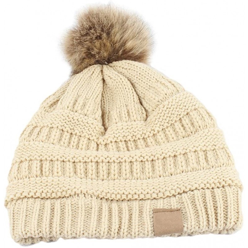Skullies & Beanies Fashion Women Faux Fur Pom Pom Beanie Cap Winter Outdoor Warm Woolen Yard Hat - Beige - CU187LYZOGR $12.99
