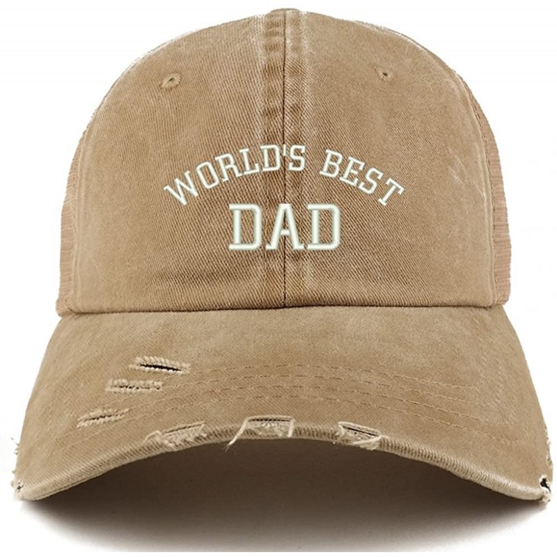 Baseball Caps World's Best Dad Embroidered Frayed Bill Trucker Mesh Back Cap - Khaki - CT18CX4D824 $22.20