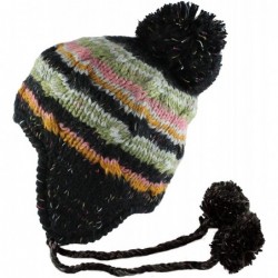Skullies & Beanies Multi Stripe Knit Pom Pom Handmade Beanie Winter Ski Warm Hat - Black - CG11TJMVLV9 $21.72