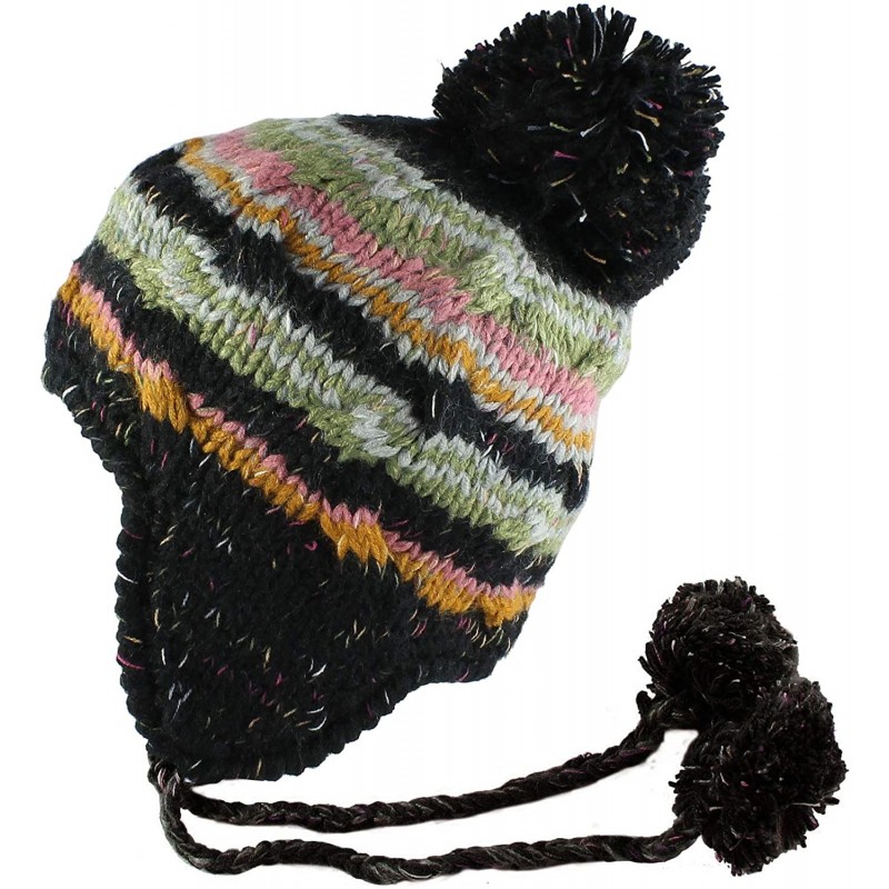 Skullies & Beanies Multi Stripe Knit Pom Pom Handmade Beanie Winter Ski Warm Hat - Black - CG11TJMVLV9 $13.66