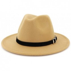 Fedoras Women Lady Retro Wide Brim Fedora Hat with Belt Buckle Unisex Felt Hat - Khaki - C818YEW3D8S $25.82