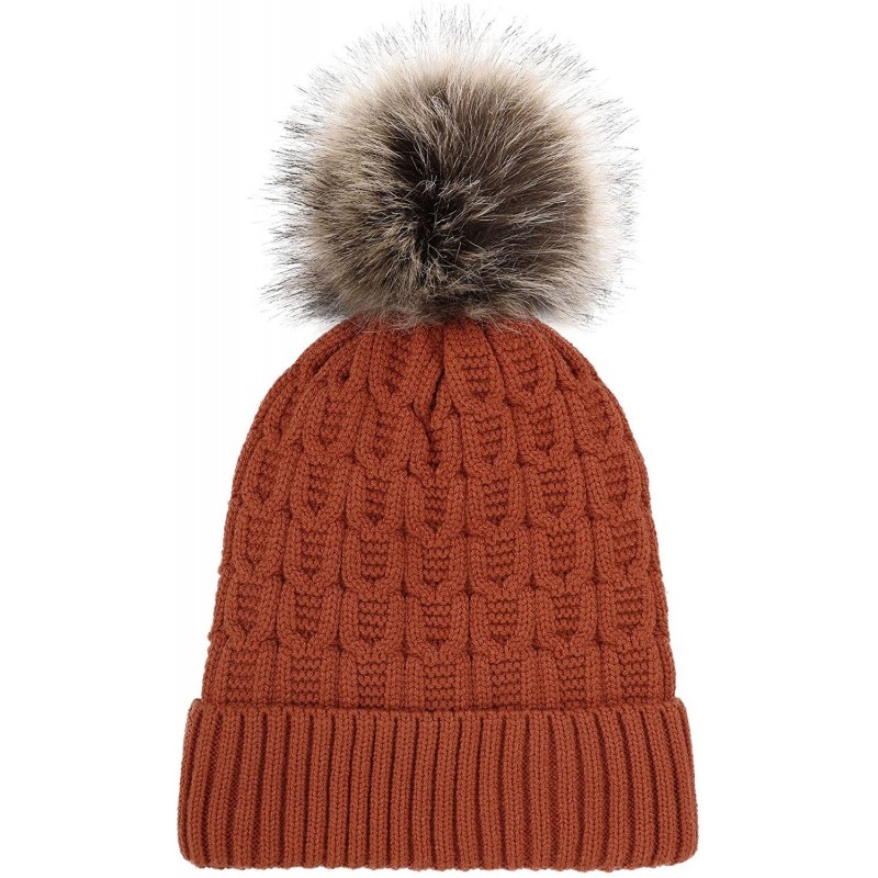 Skullies & Beanies Womens Beanie Winter Cable Knit Faux Fur Pompom Ears Beanie Hat - Single Pom_burnt Orange With Fur Pom - C...